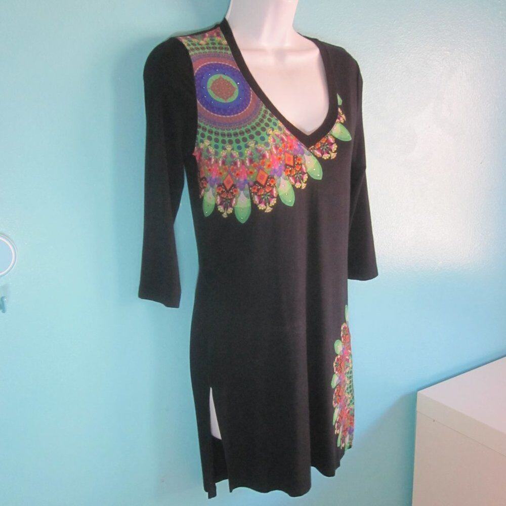 Desigual Dress Size XS Cover Up Beach Pool Tunic Pullover Dress Black Floral
